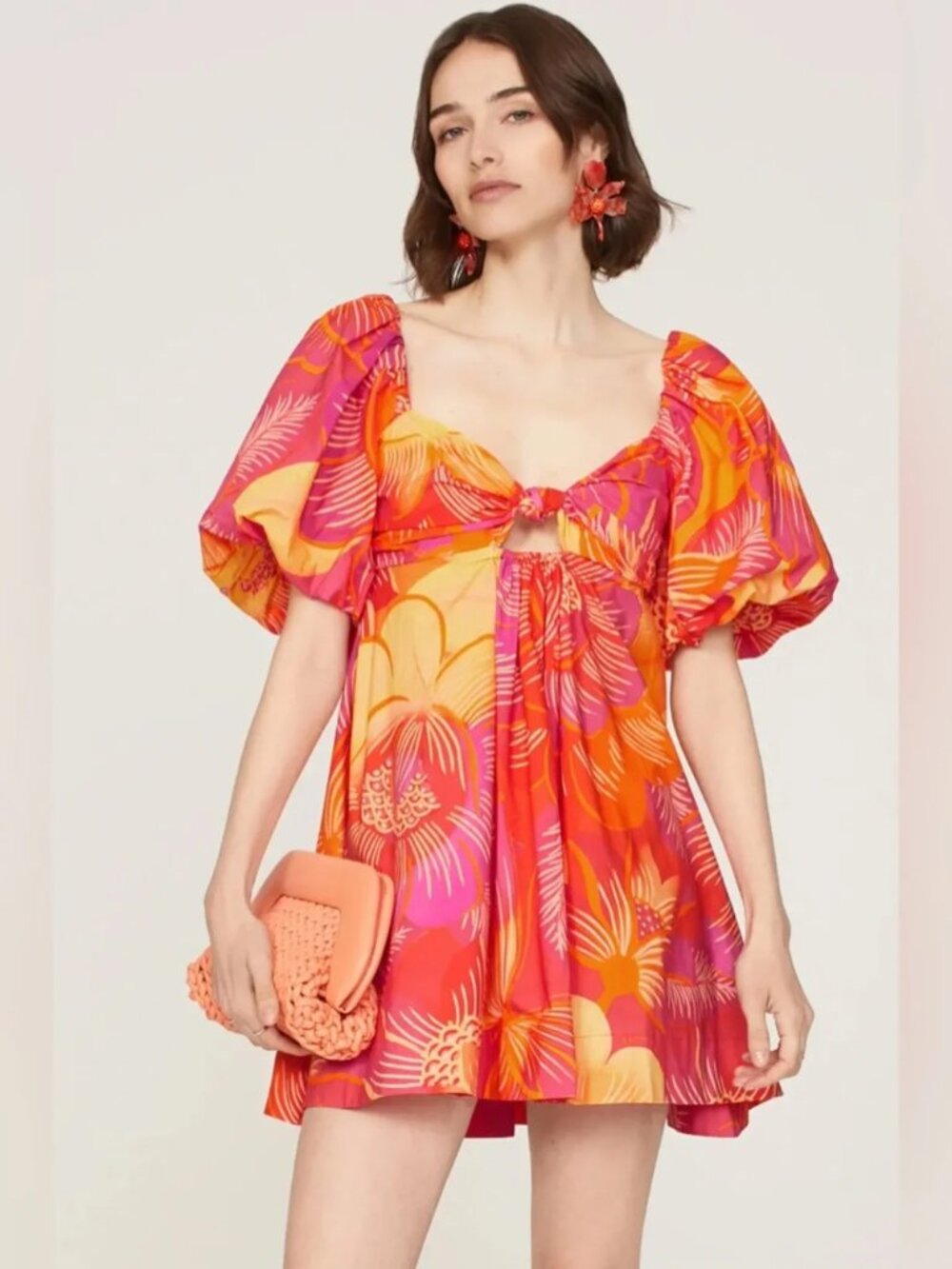 Farm Rio Anthropologie Summer Garden Tropical Ombre Puff Sleeve Mini Sun Dress M